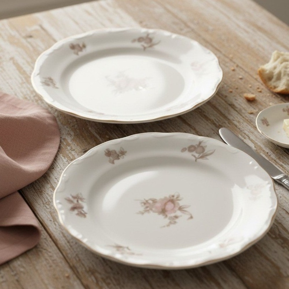 Johann Haviland porcelain Bread Plates with Pink Sepia Rose & Gold Trim Set of 2